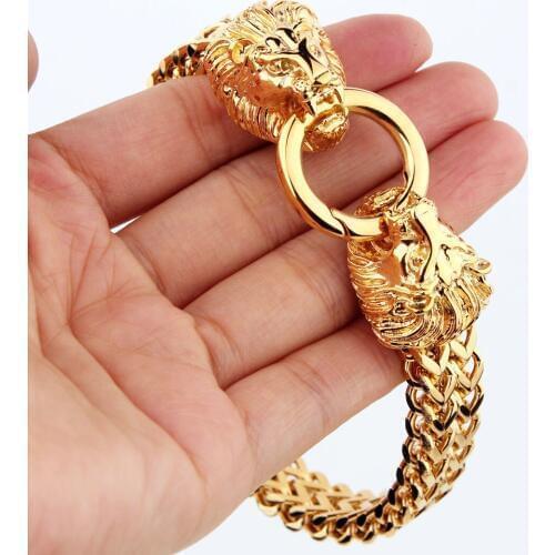 Top Hot Sale Gold Tone Stainless Steel Figaro Rolo Chain Lion Head Clasp Mens Cuff Jewelry Bracelet Bangle 12mm 8.66"