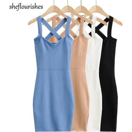 Knitted dress women sexy dresses summer sleeveless dress bodycon solid mini dresses fashion cross bandage dress white black blue