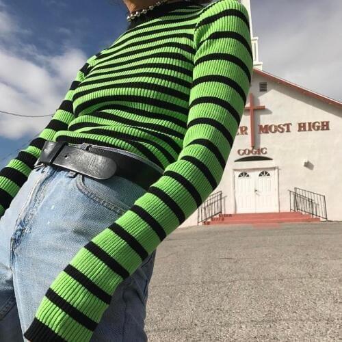 Harajuku Contrast Greenery Striped Ribbed Crop Top Jumper Fitted Long Sleeve Pullover Knit Womens Sweater