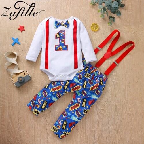 ZAFILLE Baby Boy Clothes Set Winter Gentleman Necktie Romper +Digital Overalls Toddler Baby Boy My First Birthday Outfits