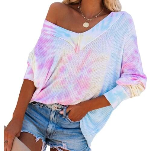 Women Pullovers Fashion Tie Dye One Shoulder Colorful Long Sleeve Waffle Sweater Loose Pullover Blouse Рубашки 2021