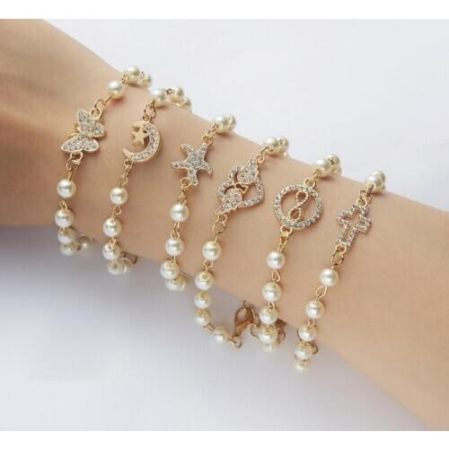 Imitation Pearl Bracelet for Women Jewelry Summer Beach Style Fashion Star Starfish Cross Butterfly Angel Wings Charm