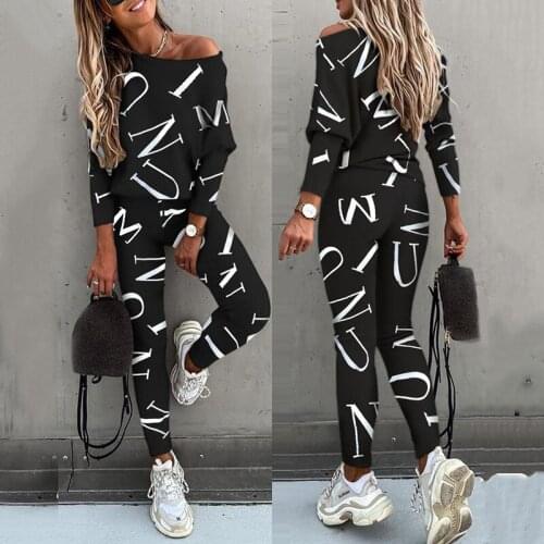 Womens Letter Printed Tracksuit Long Sleeve Round Neck T-Shirt Top High Waist Casual Pants Ladies Sports Daily Wear Outfits