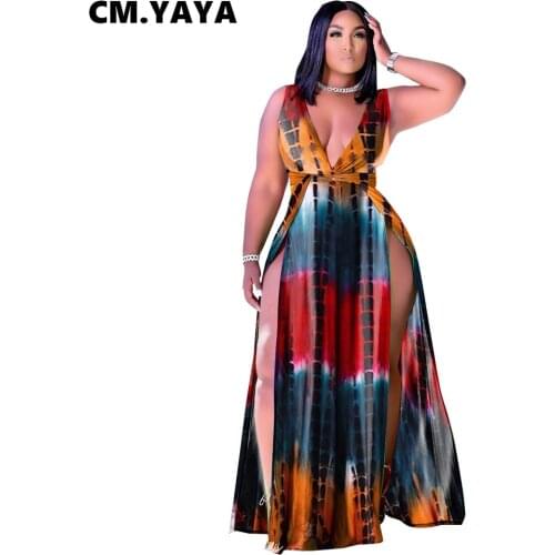 CM.YAYA Women Long Dress Print Sleeveless V-neck Bandage Sashes Splited Loose Maxi Dresses Sexy Fashion Streetwear Summer Outfit