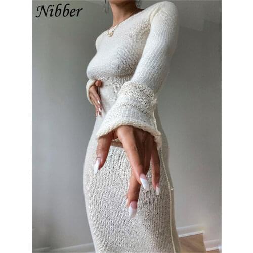Nibber Y2K Solid O-neck Long Sleeve Maxi Dress Women Autumn New Knitted Bodycon Dress Fairy Grunge Casual Fashion Streetwear