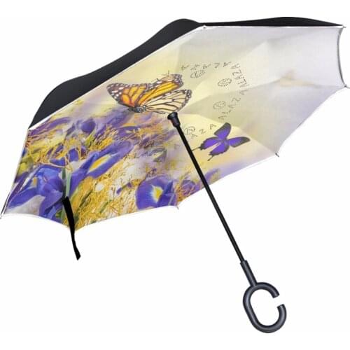 Butterfly with Flower Reverse Umbrella Windproof Double Layer Folding Inverted Umbrella Rain Protection Car Umbrellas C-shaped