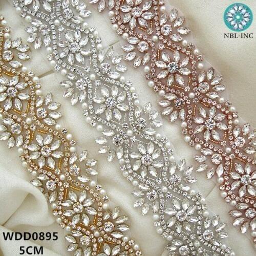 10 yards) Bridal rhinestone applique silver rose gold beaded crystal trim iron on for wedding dress WDD0895