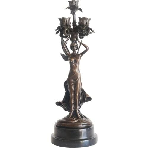 Bronze Candle Holder Statue Maiden Rose Candlestick Sculpture Table Decoration