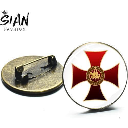 SIAN Knights Templar Red Cross Brooch Army Crusader Masonic Freemason Symbol Glass Crystal Round Badge High Quality Collar Pins