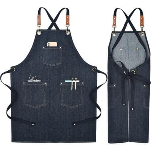 Black Blue Denim Apron Crossback Strap Florist Barber Work Wear Barista Cafe Bartender Restaurant Bakery Pastry Chef Uniform E72