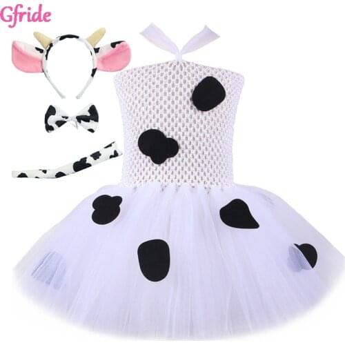 Summer Children Baby Animal Spotty Dog Cow Costume Headband Tail Tutu Dress Girl Halloween Birthday Party Girls Cosplay Clothing