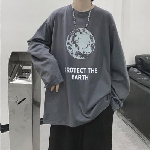 Men T Shirt Oversized Autumn Letter Print Long Sleeve O Neck Loose Harajuku Hip Pop Streetwear Japan Style Vintage Male Clothes