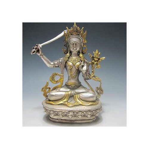 H 200MM Decorated Old Chinese Silver Bronze Buddhism Manjushri Kwan Yin Buddha wholesale Decoration real Silver Brassroom Art
