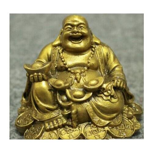 Chinese Brass Buddhism Wealth Coin YuanBao Happy Laughing Maitreya Buddha Statue