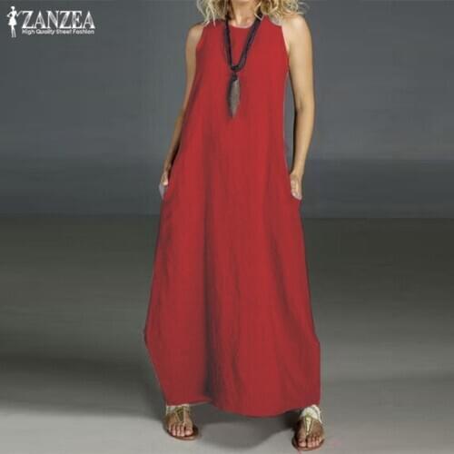 2021 ZANZEA Casual Maxi Vestidos Womens Summer Sundress Vintage O Neck Sleeveless Baggy Tank Dress Robe Cotton Dress