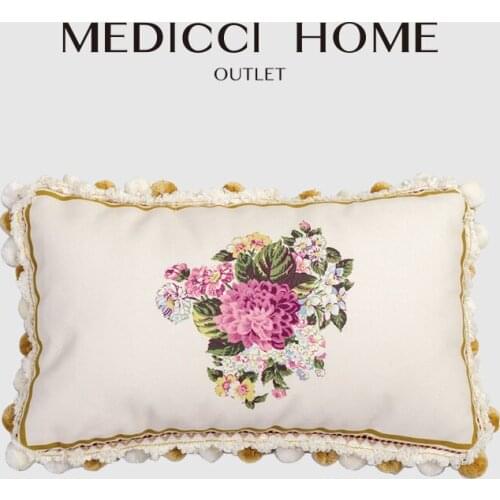 Medicci Home Lumbar Pillow Case With PomPom Tassels Elegant Flowers Boutique Luxury Coussin Rectangle Cushion Case Bedroom Sofa