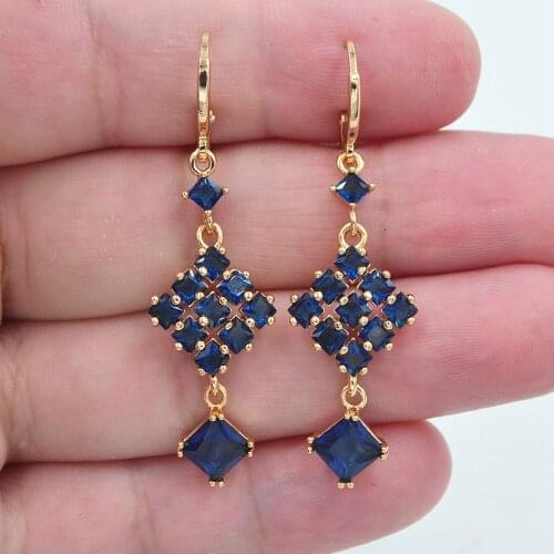 Fashion Jewelry Gold Color Blue CZ Zircon Geometric Square Blocks Drop Earrings for Women