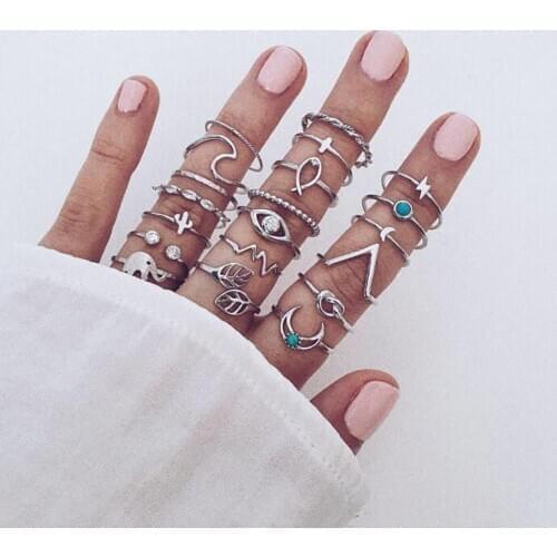 20 Pcs / Set Rings Vintage Ladies Knuckle Ring Retro Geometric Eyes Moon Knot Combination Ring Set Party Bohemia Jewelry