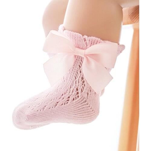 Baby Solid Color Socks with Bow Decoration Non-slip Silicone Bottom Hollow Breathable Mesh Summer Accessories