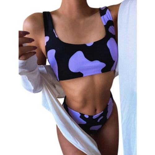 2021 New WomenS Sexy Fashion Milk Print Bikini Suit Mid Waist Split Beach Push Up Brazilian Swimsuit