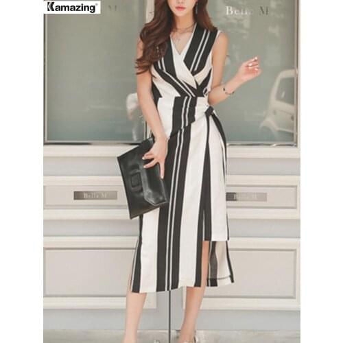 New 2021 Women Summer Fashion V-neck Vestidos Office Lady Sleeveless Irregular Stripe Lace Up Female Midi Dress