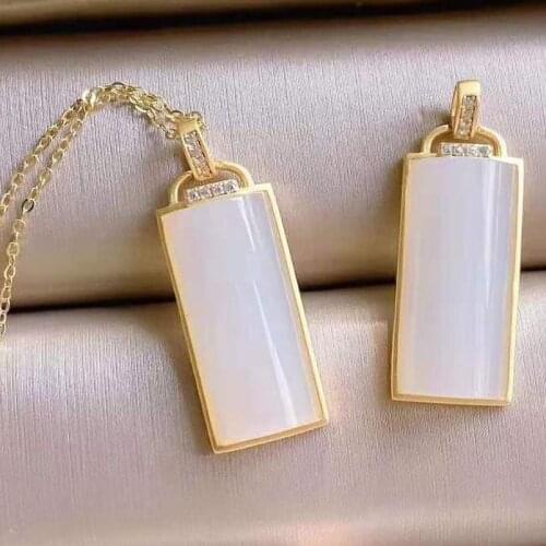 Natural Hetian white jade Rectangular Pendant Necklace Chinese style retro Bohemian style inlaid zircon light luxury jewelry
