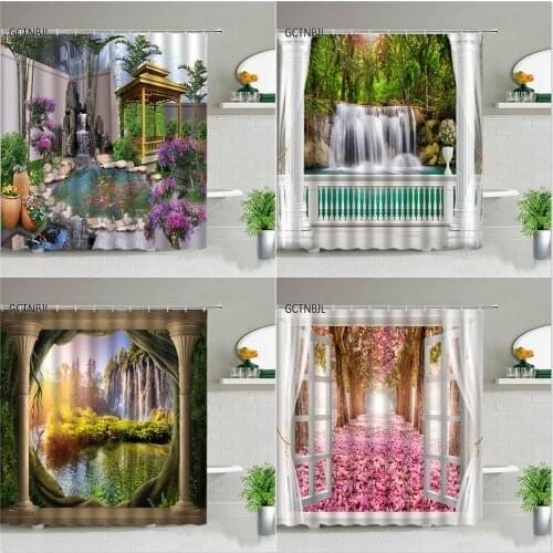 Summer Landscape Shower Curtains Flower Plant Waterfall Natural Scenery Background Wall Decor Bathroom Bathtub Screen With Hooks
