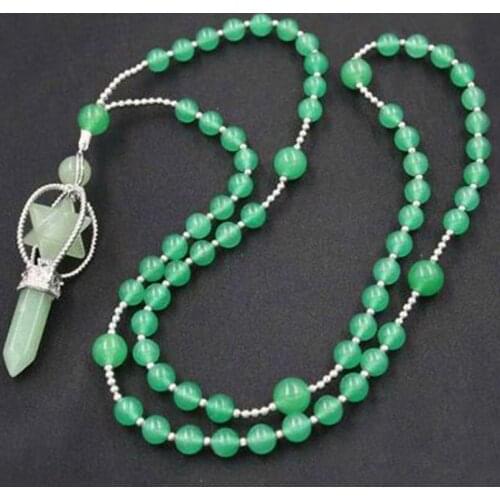 Trendy-beads Silver Plated Hexagong MerKaBa Natural Green Aventurine Pendant Strand Beads Chain Necklace For New Year