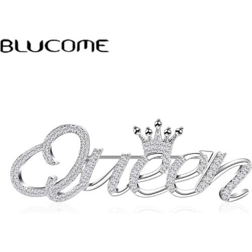 Blucome Queen Letter Crown Shape Brooches For Women Wedding Bridal Coat Accessories Copper Cubic Zircon Brooch Lapel Pins