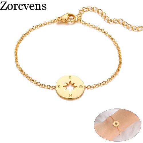 ZORCVENS Compass Charm Chain Bracelets for Women Gold Tone Stainless Steel Jewelry