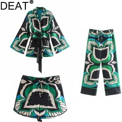 [DEAT] 2021 Summer New Fashion Tide Long Sleeve Turn-down Collar Printing Shirt High Waist Shorts Women Three-piece Sets 13Z154