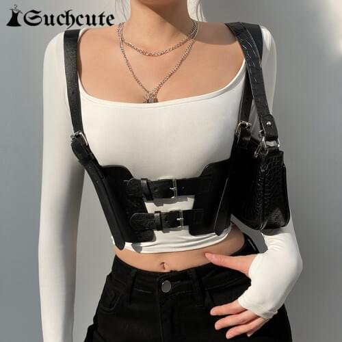 SUCHCUTE Goth Aesthetic Buckle Black Crop Tops Dark Academia Fashion PU Leather Womens Corset Tops Punk Style Gothic Clothes