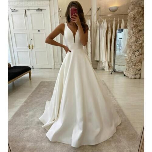 Sexy Deep V-Neck A-Line Long Satin Wedding Dresses with Pockets Custom Ivory Floor Length V Back Pleated Bridal Gowns for Women