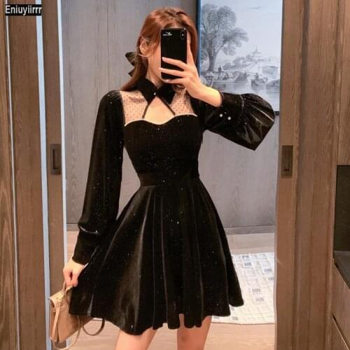 Women 2021 New Year Spring Patchwork Sexy Sheer Mesh Stand Collar Vintage French Black Velvet Mini Elegant Party Dress