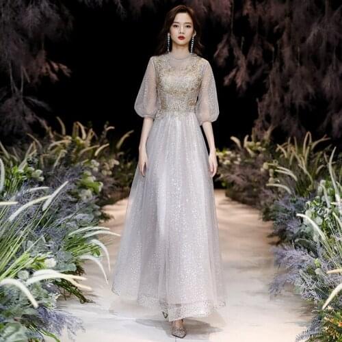 Sexy Fashion Evening Dress Sequins Appliques Flowers Formal Dresses Back bandage Lantern Sleeve Long Party Gown qipao cheongsam