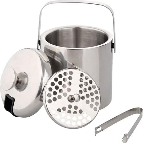 1.3/3.2 L Double Stainless Steel Wall Ice Bucket Insulated with Tongs and Strainer for Home Bar Parties Chilling Beer Champagne