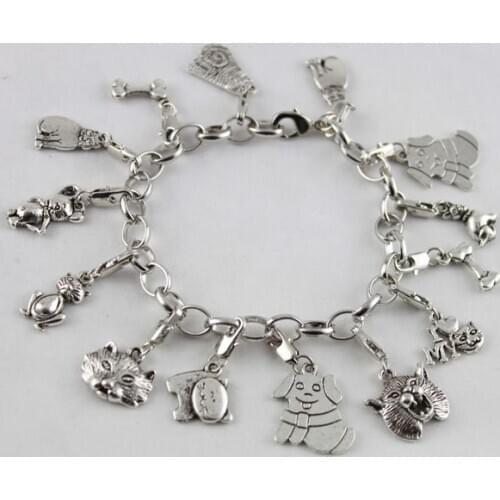 15Pcs Tibetan Silver Color Dog & Cat Charm Bracelets #20021