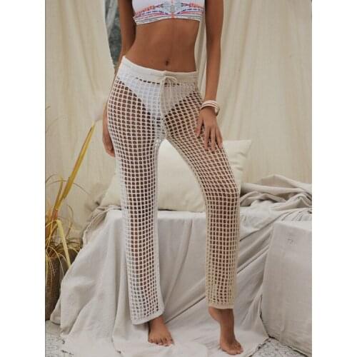 Women Beach Trouser Hollow Out High Waist Long Pants Drawstring Elastic Waist Long Trousers Summer Female Pants Beachwear