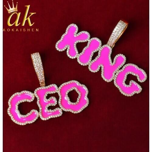 Solid Back Custom Name Pink Oil Bubble Letters Pendant Necklaces Gold Color For Women Cubic Zircon Hip Hop Rock Jewelry