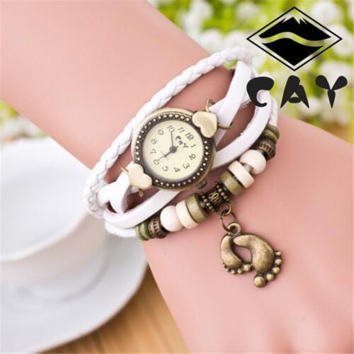 CAY Fashion Geneva Watch Women Leather Weave Strap Foot Pendant Wristwatches Vintage Bracelet Quartz Watches Women Montre Femme