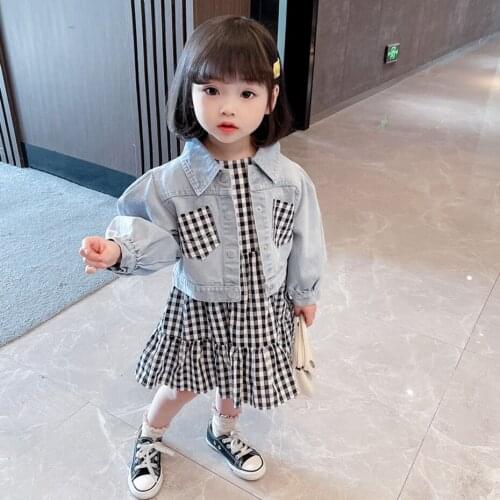 Girls Clothes Plaid Pattern Clothes For Girls Denim Jacket + Dress Outfit For Girls Spring Autumn Childrens Clothes Girl