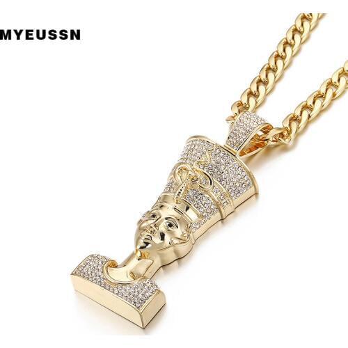 Egyptian Men Necklace&Pendant Vintage Gold Color Chain Necklace with cuban chain Iced Out Crystal Gold Hip Hop PunkJewelry