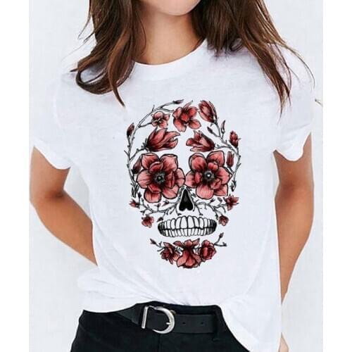T Shirt for Women 90s Cute Floral Plant Skull Face Halloween Print Lady T-shirts Ladies Female Tee Top Womens Graphic T-Shirt