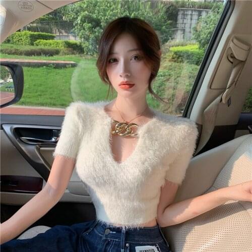 Summer Fashion Korean Slim Crop Tops Women Sexy Solid Black Whit Knitted T-shirts Short Sleeve T Shirt Female Tee Shirt Femme