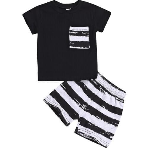 Summer Casual Clothing Toddler Kid Baby Boys Clothes Pocket T-Shirt Tops+Black Striped Short Pants Outfit Set 2pcs
