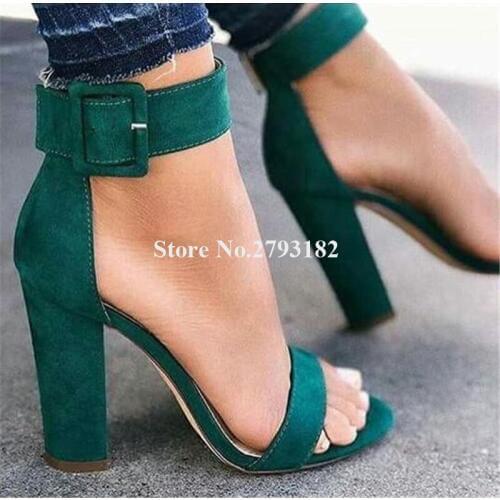 Western Style Fashion Open Toe One Strap Chunky Heel Sandals Green Suede Ankle Strap Buckle Thick High Heel Sandals Dress Heels