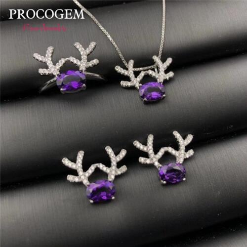 Real Amethyst fine Jewelry reindeer 4Pcs sets for Women Christmas Party gifts Necklace Ring Earrings 925 Sterling Silver #657