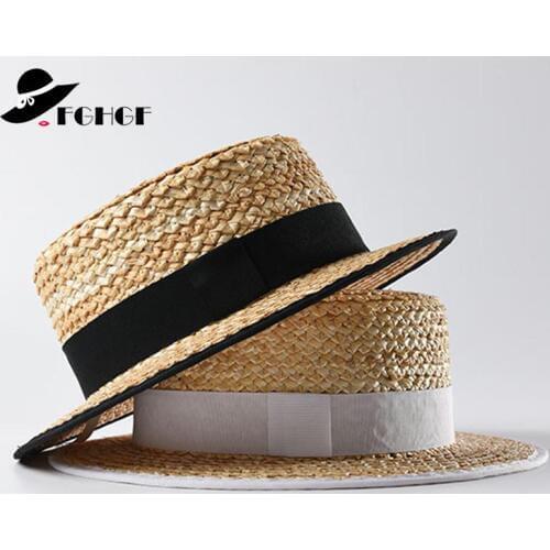 2019 New Summer Wide Brim Beach Hats Women Woven Straw Sun Cap Flat Top Ribbon Sewn Braid Boater Hat Ladies Kentucky Derby Hats