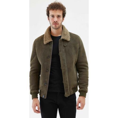 2019 New Mens Green Shearling Jacket Turkey Leather Jacket Casual Short Mens Fur Coat Trench Coat