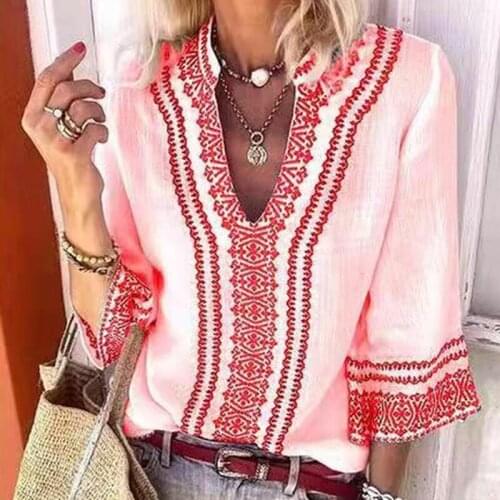 New Autumn Three Quarter Sleeve Vintage Blouse Women Sexy Deep V Neck Elegant Office Lady Top Shirt Spring Patchwork Loose Blusa